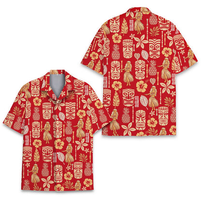 Close-up detail view of the hibiscus and pineapple pattern on the tropical hawaiian shirt