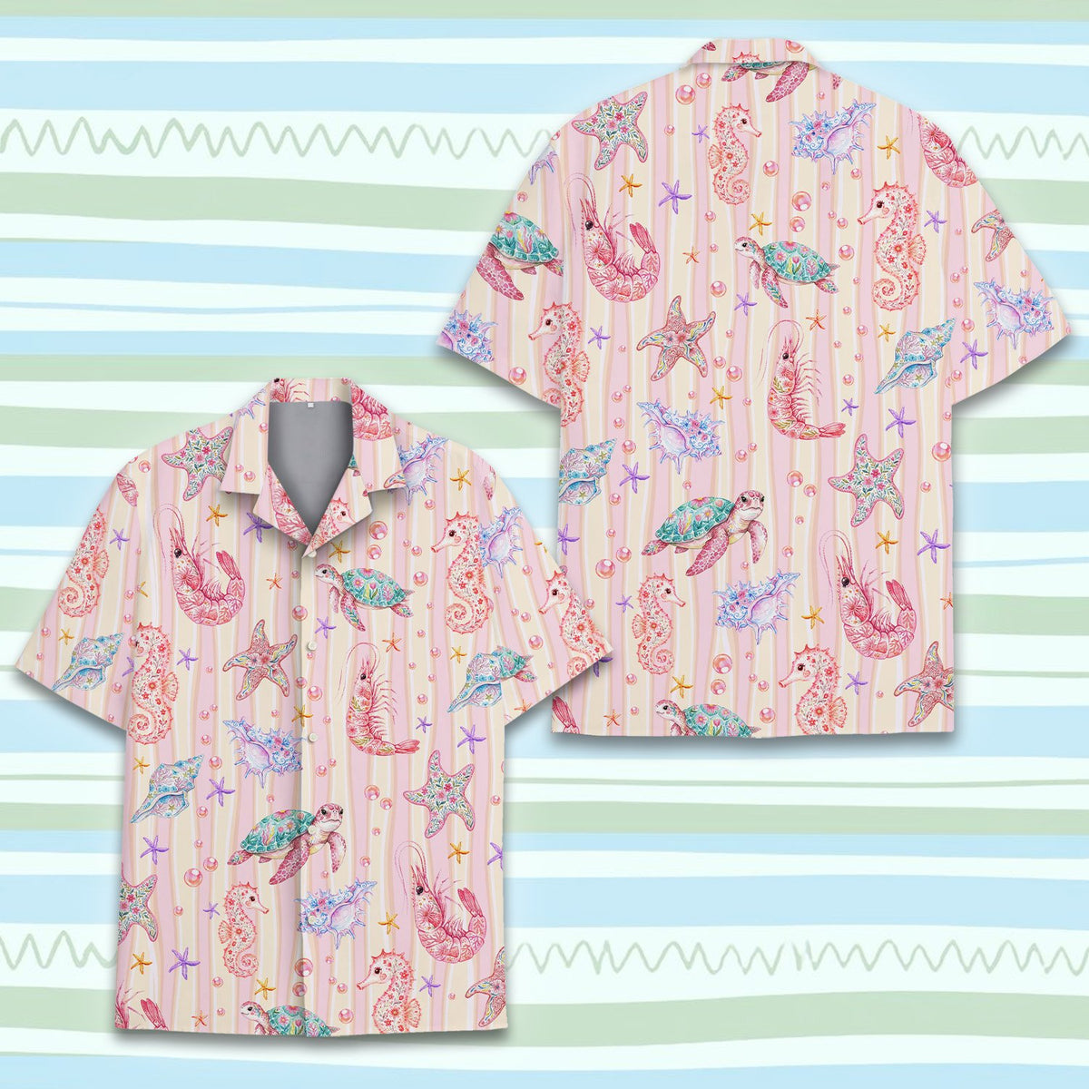 Lifestyle shot of a couple wearing the pink ocean hawaiian shirts