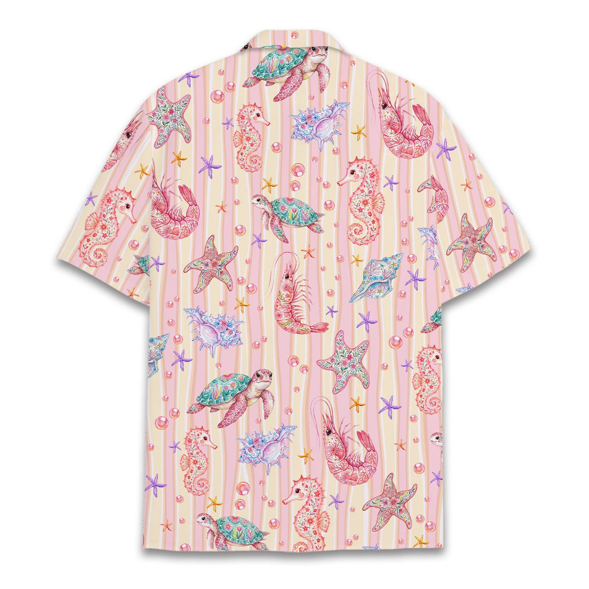 Close up back view of the hawaiian shirt featuring pink bubbles and seahorses