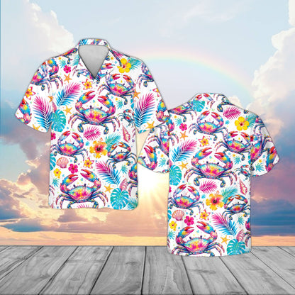 Front angle of the tropical marine life hawaiian shirt showing colorful turtles and coral