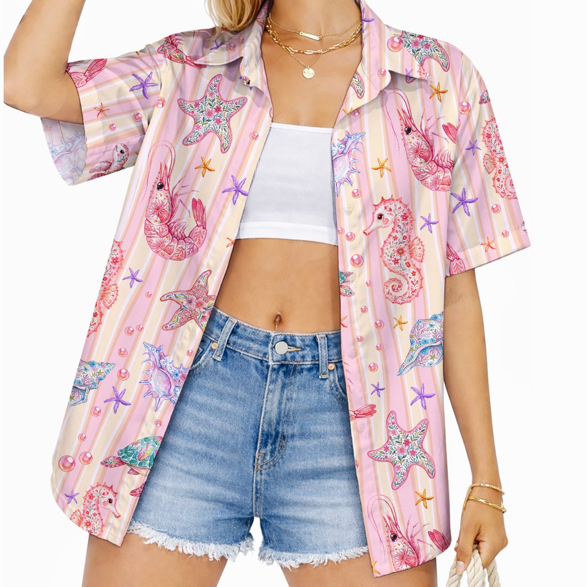 Close up front view showing sea turtles and starfish on the hawaiian shirt