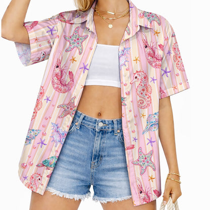 Close up front view showing sea turtles and starfish on the hawaiian shirt