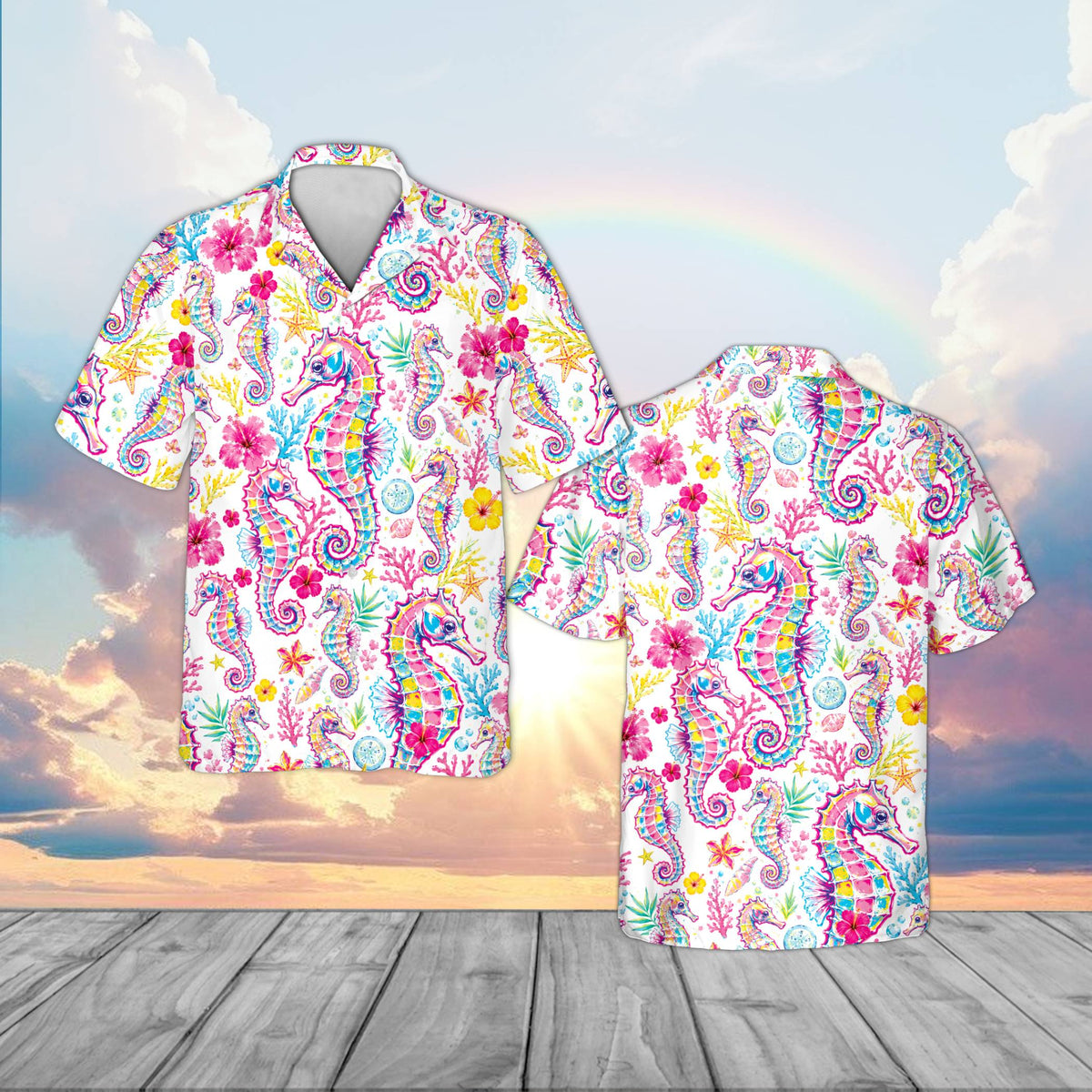 Another front view of the family hawaiian shirts on a white background