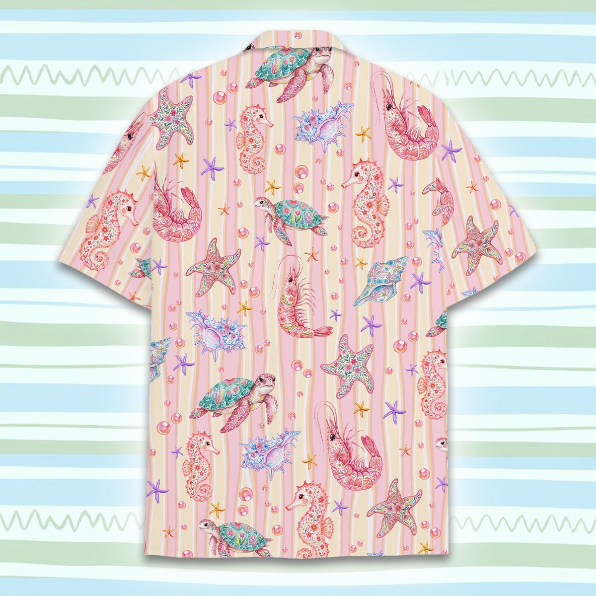 Detailed front view of the marine life pattern on the pink striped shirt