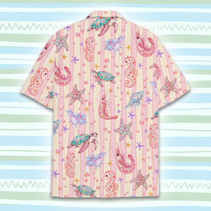 Detailed front view of the marine life pattern on the pink striped shirt