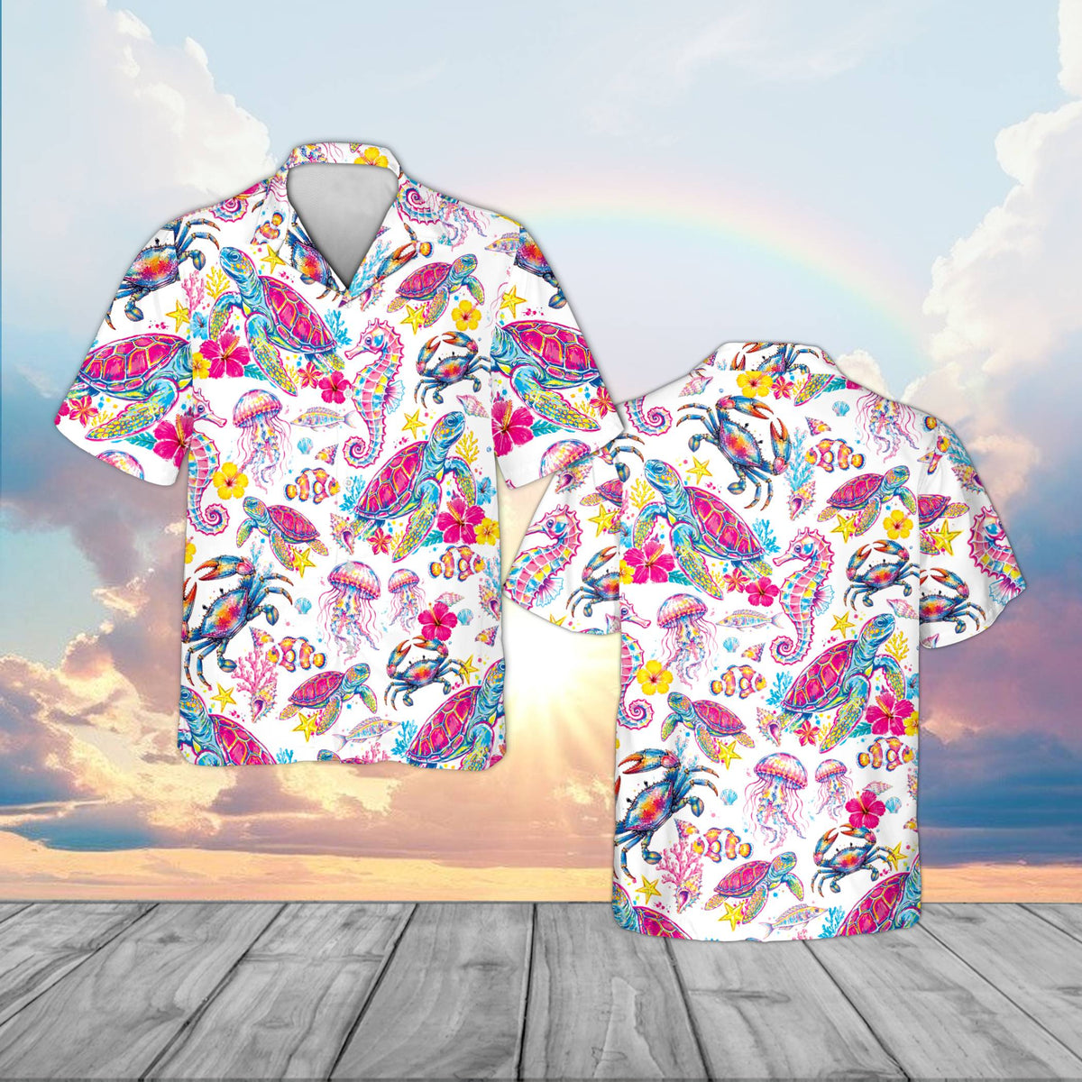 Detailed front view of the tropical pattern on the marine hawaiian shirt