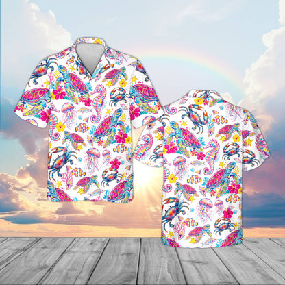 Detailed front view of the tropical pattern on the marine hawaiian shirt