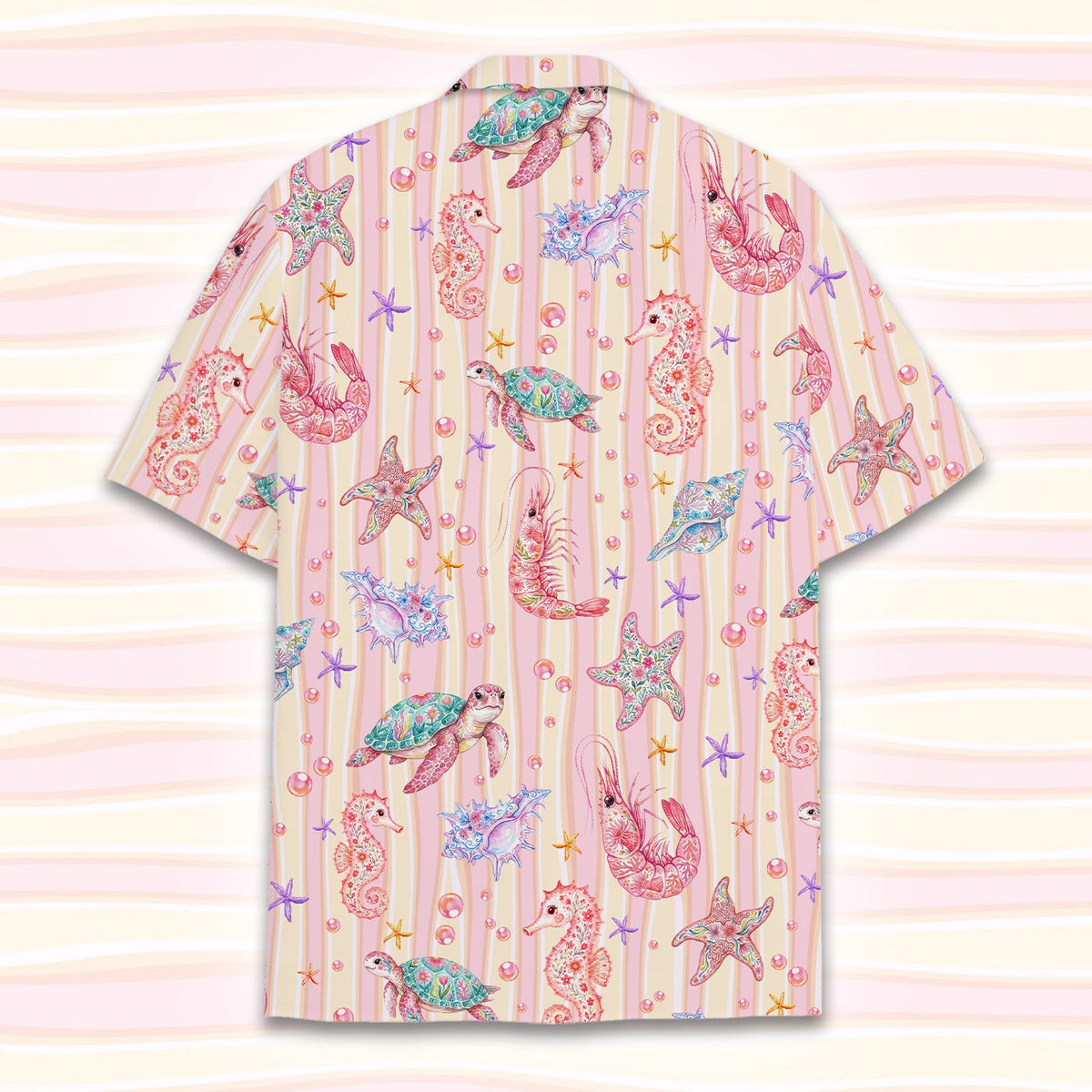 Back view of the ocean life hawaiian shirt with marine life illustrations