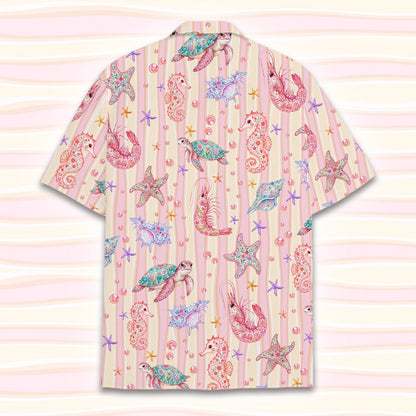 Back view of the ocean life hawaiian shirt with marine life illustrations