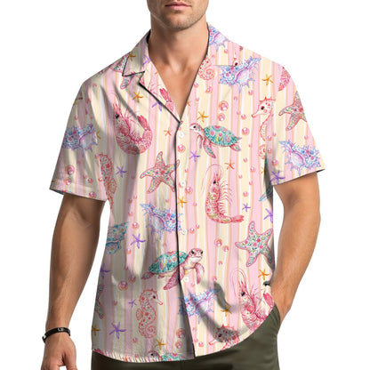 Front view of the ocean life hawaiian shirt on a light pink background