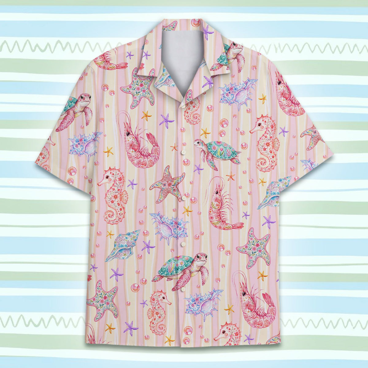 Lifestyle image of the ocean life hawaiian shirt worn on a sunny day