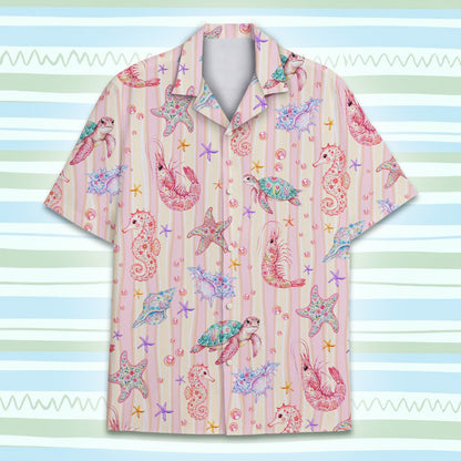 Lifestyle image of the ocean life hawaiian shirt worn on a sunny day
