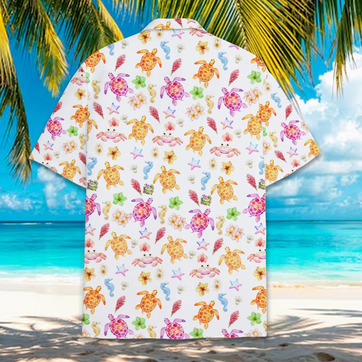 Back view of the tropical marine life hawaiian shirt