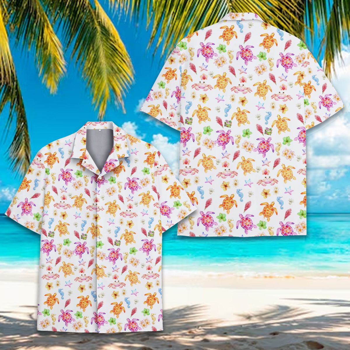 Another front view of the matching family hawaiian shirt in white