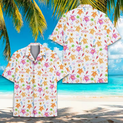 Another front view of the matching family hawaiian shirt in white