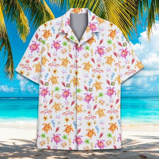 Tropical marine life hawaiian shirt featuring sea turtles and starfish on a white background, front view