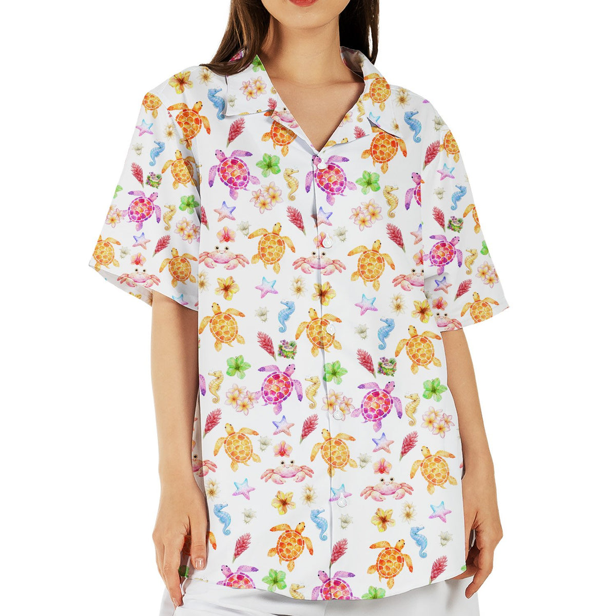 Close up lifestyle view of the tropical marine life shirt