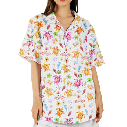 Close up lifestyle view of the tropical marine life shirt