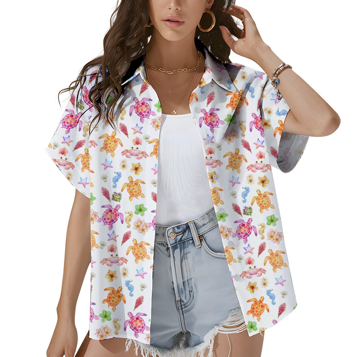 Lifestyle view of the tropical marine life hawaiian shirt worn outdoors
