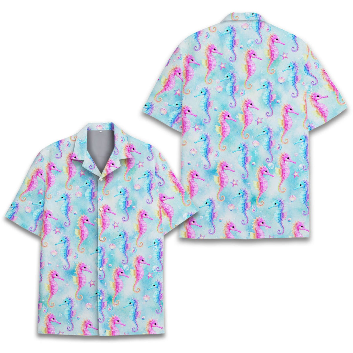 Tropical marine hawaiian shirt with seahorses and starfish on light blue background, front view