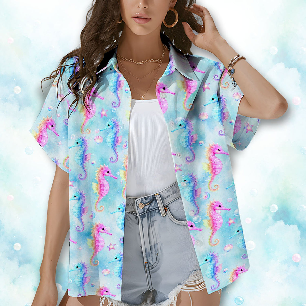 Close up of the tropical marine hawaiian shirt pattern featuring seashells and bubbles