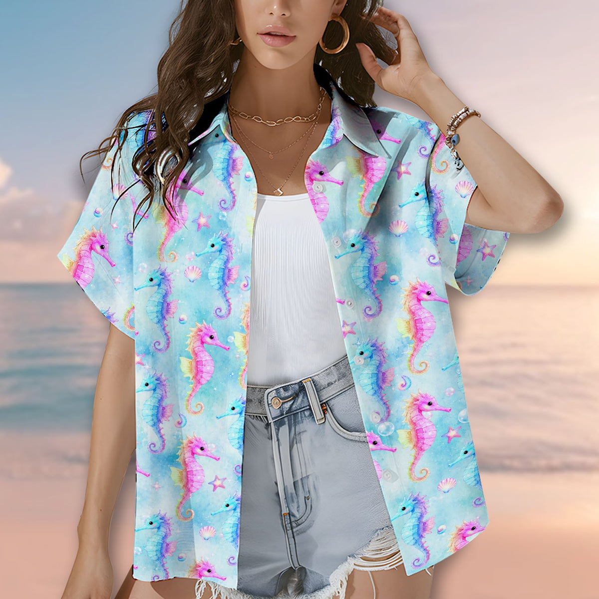 Lifestyle view of the light blue matching family hawaiian shirt in a summer setting