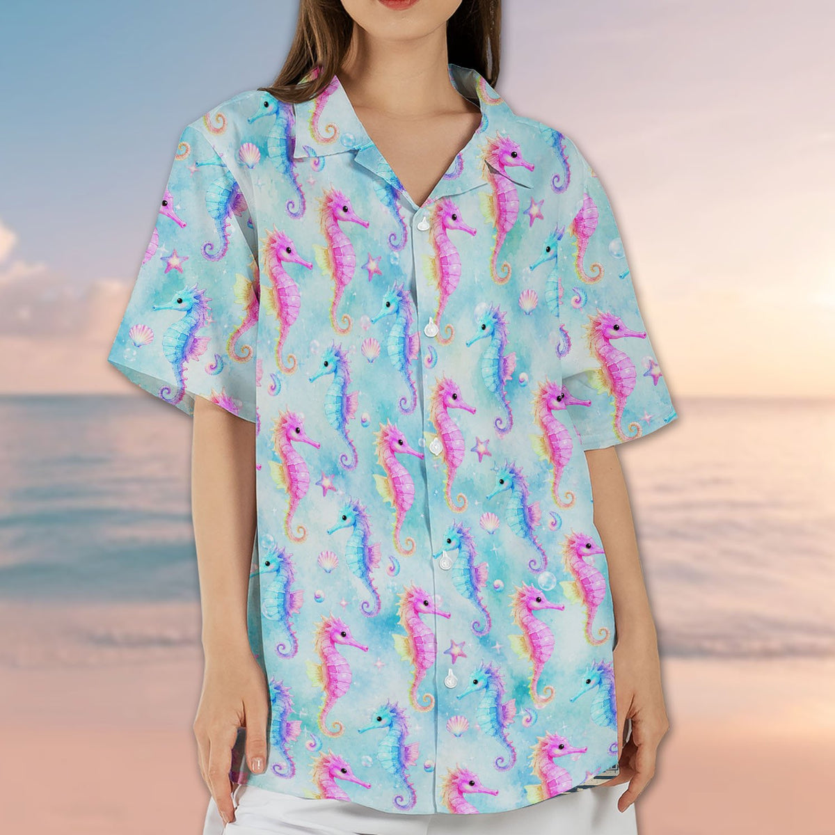 Back view of the matching family hawaiian shirts in the tropical marine design