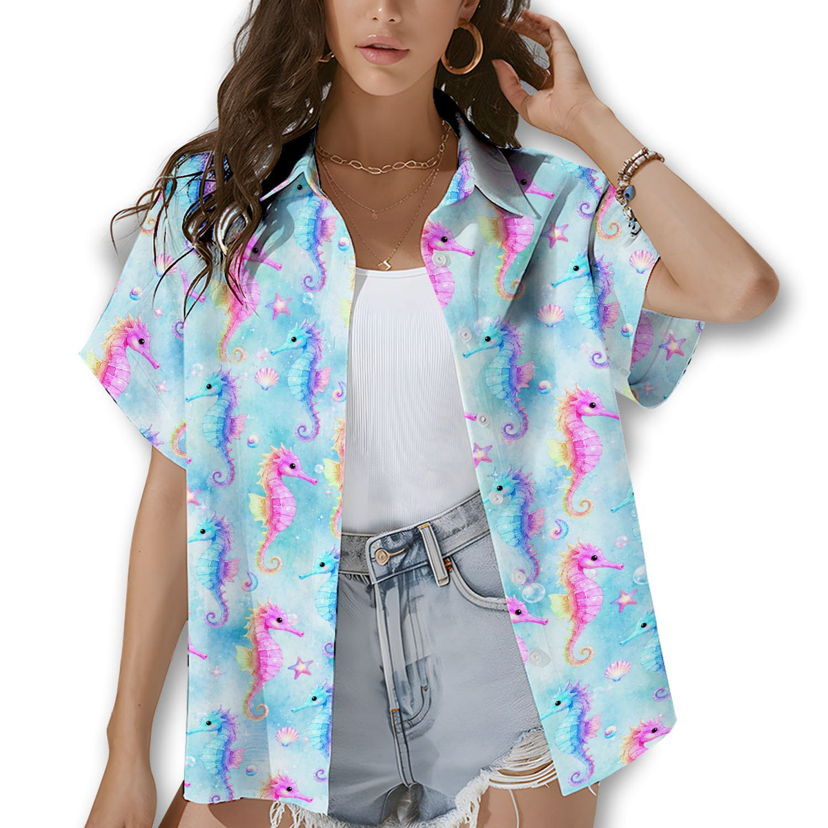 Family wearing matching family hawaiian shirts with tropical marine design outdoors