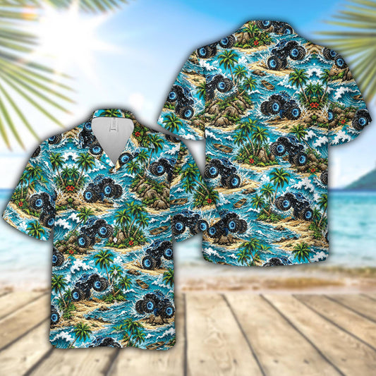 Tropical monster truck hawaiian shirt featuring blue ocean and palm trees, front view