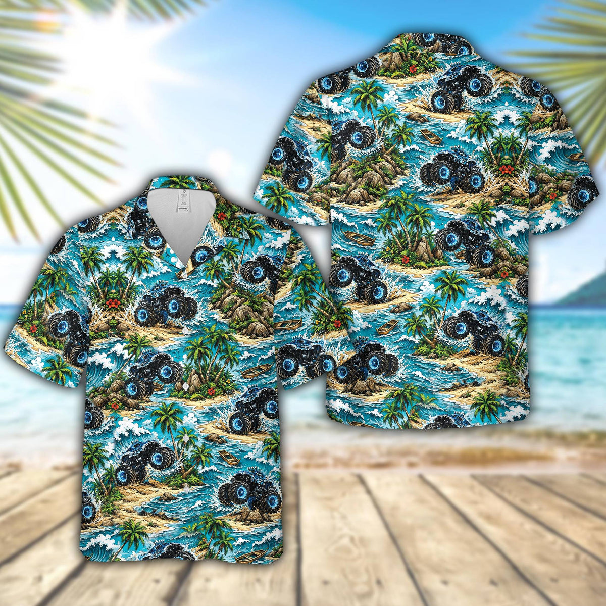 Tropical monster truck hawaiian shirt front detail
