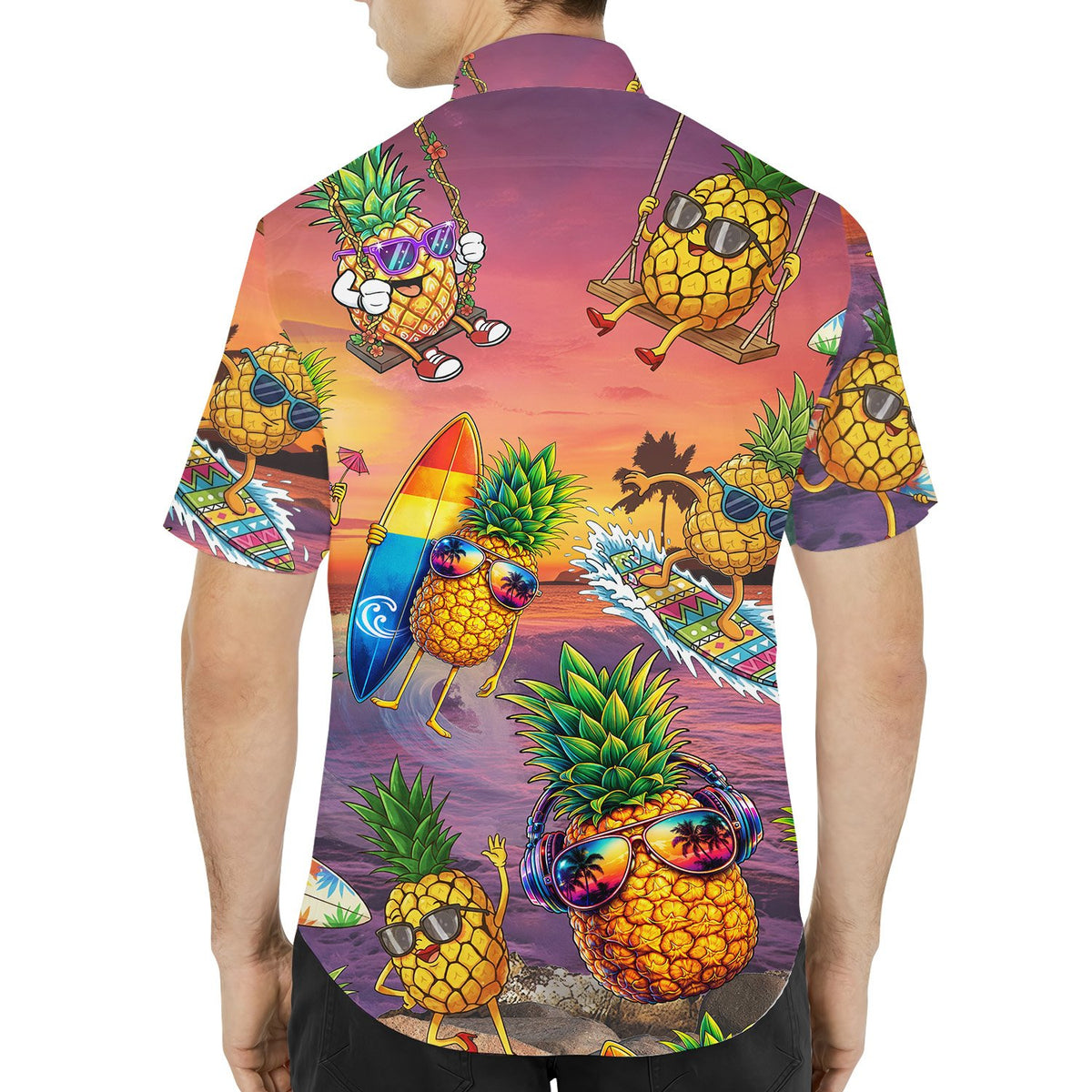 Second back view highlighting the cartoon pineapples and sunset pattern