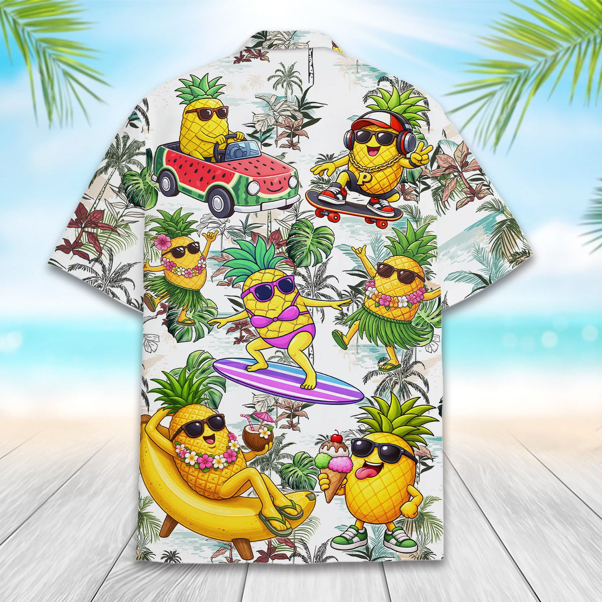 Alternative back view of the yellow, green, and white pineapple hawaiian shirt