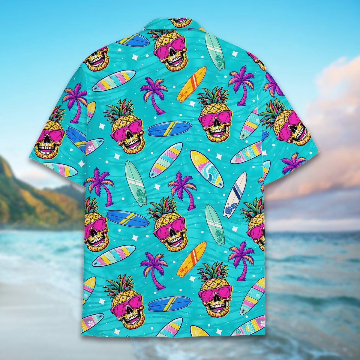 Back view of the vibrant hawaiian shirt showing palm tree details