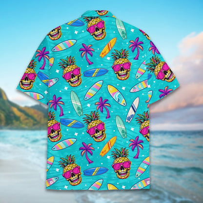 Back view of the vibrant hawaiian shirt showing palm tree details