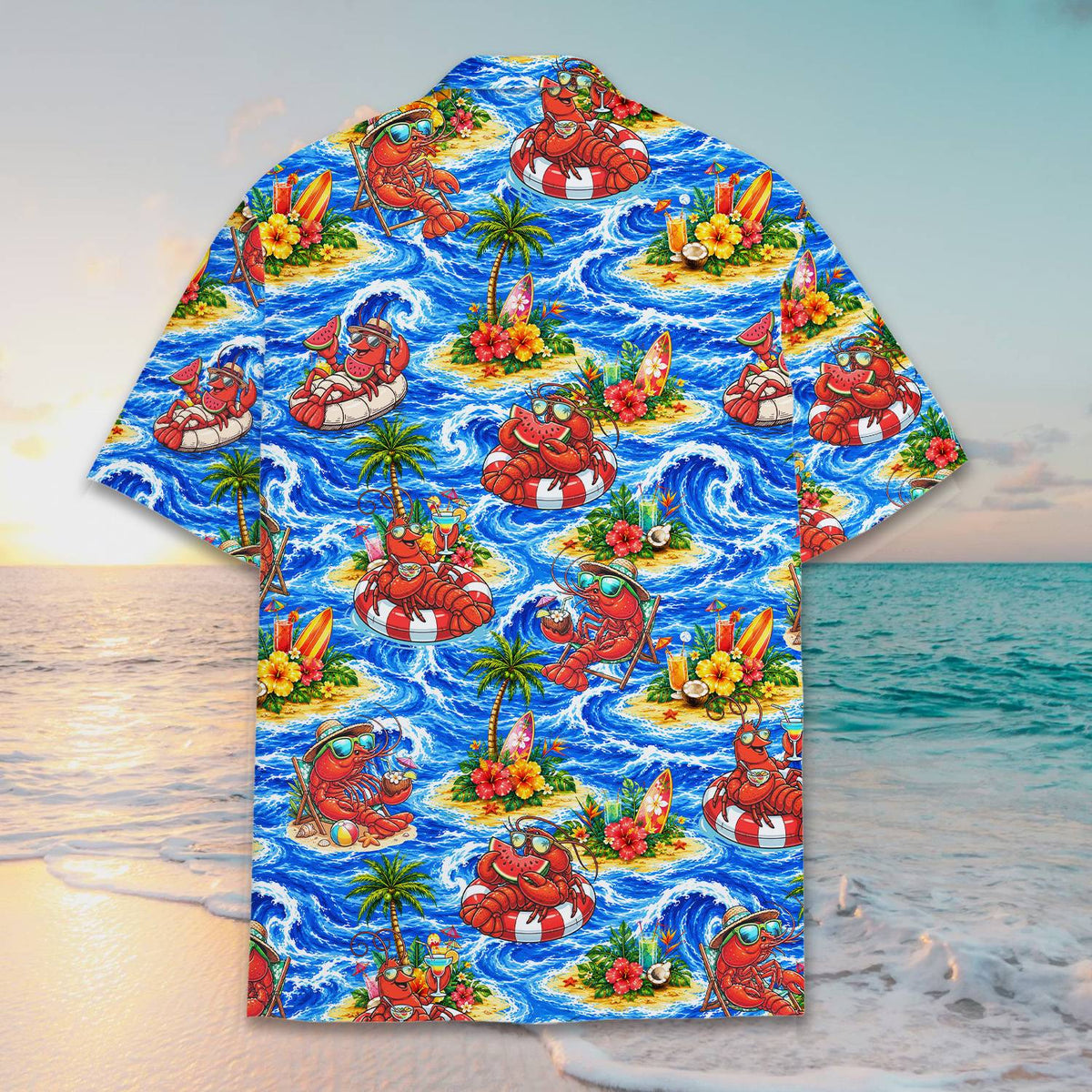 Detailed back view of the tropical hawaiian shirt with sunglasses lobsters