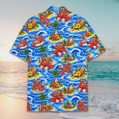 Detailed back view of the tropical hawaiian shirt with sunglasses lobsters