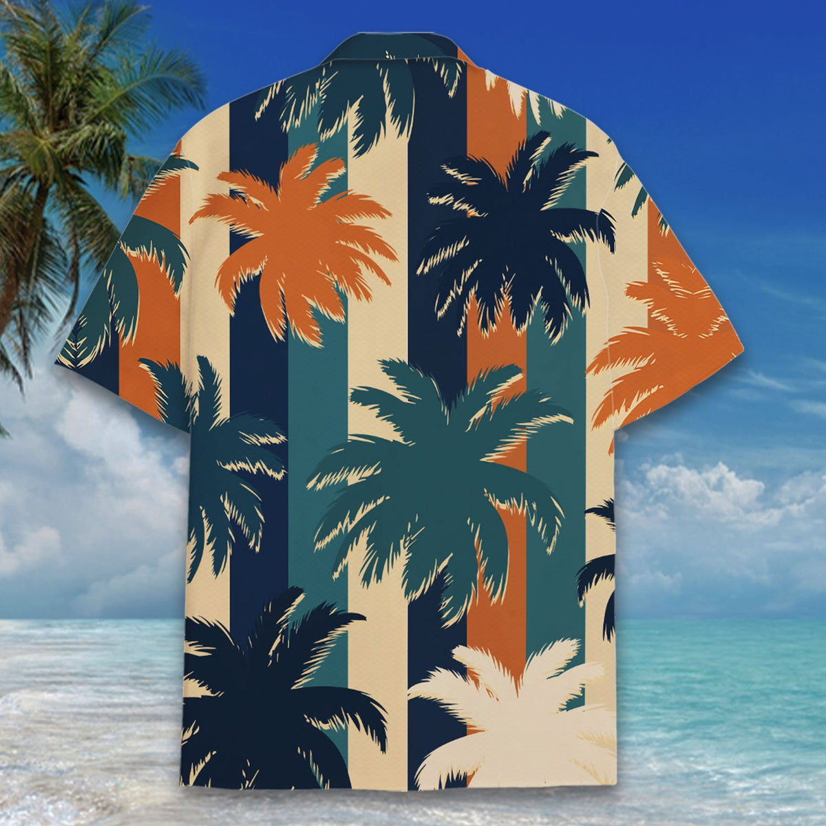 Another back view of the striped tropical hawaiian shirt