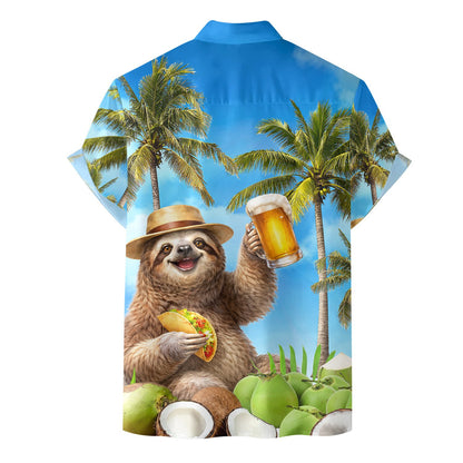Back view of the tropical hawaiian shirt with the beach sloth design