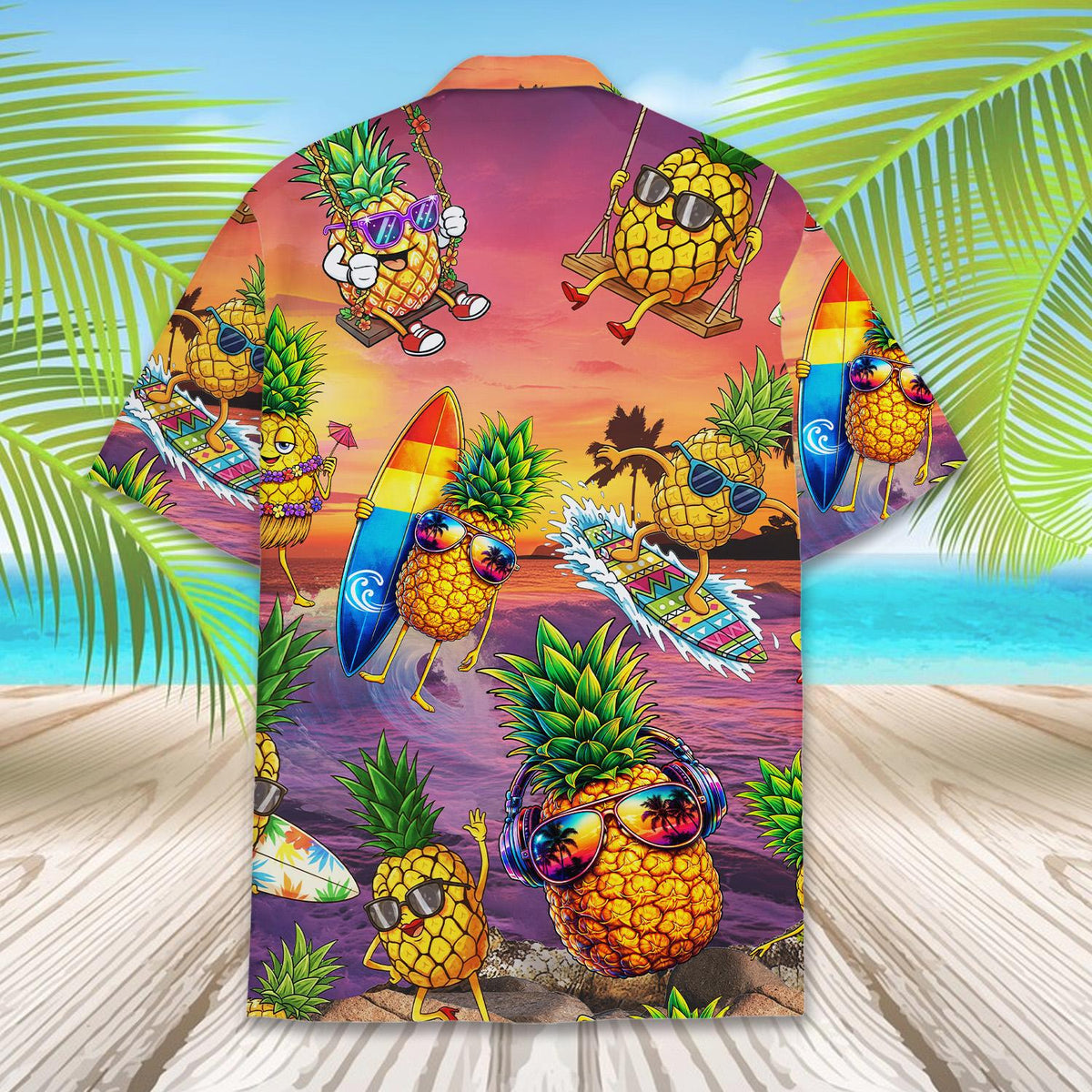 Back view of the tropical hawaiian shirt showing the beach scene