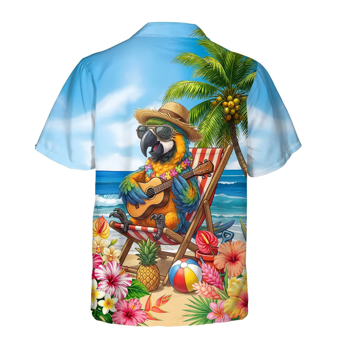 Back view of the tropical hawaiian shirt showing the beach scene