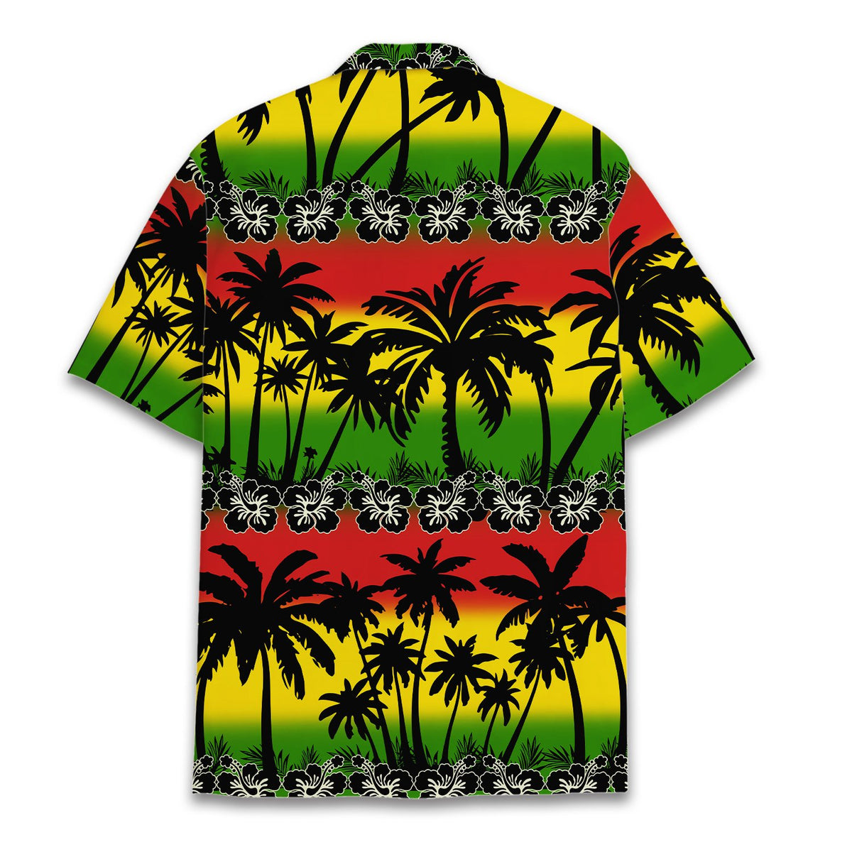 Tropical hawaiian shirt back view displaying hibiscus bands