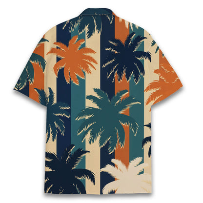 Back view of the tropical hawaiian shirt showing the continuous palm tree and stripe print
