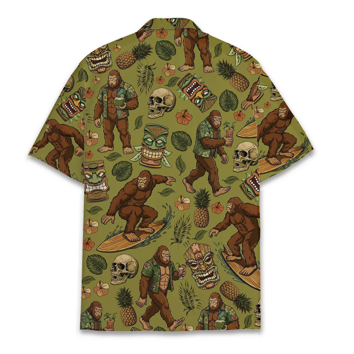 Tropical bigfoot hawaiian shirt showing the back design with vibrant hibiscus flowers