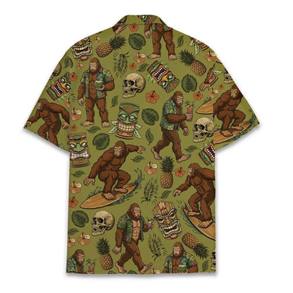 Tropical bigfoot hawaiian shirt showing the back design with vibrant hibiscus flowers