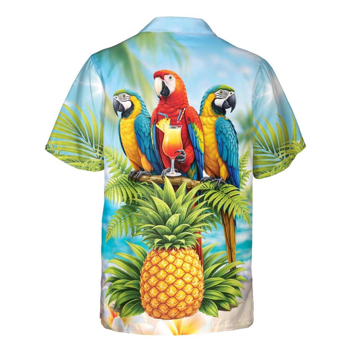 Back view of the tropical hawaiian shirt showcasing the palm leaves and sunny sky