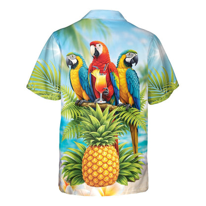 Back view of the tropical hawaiian shirt showcasing the palm leaves and sunny sky
