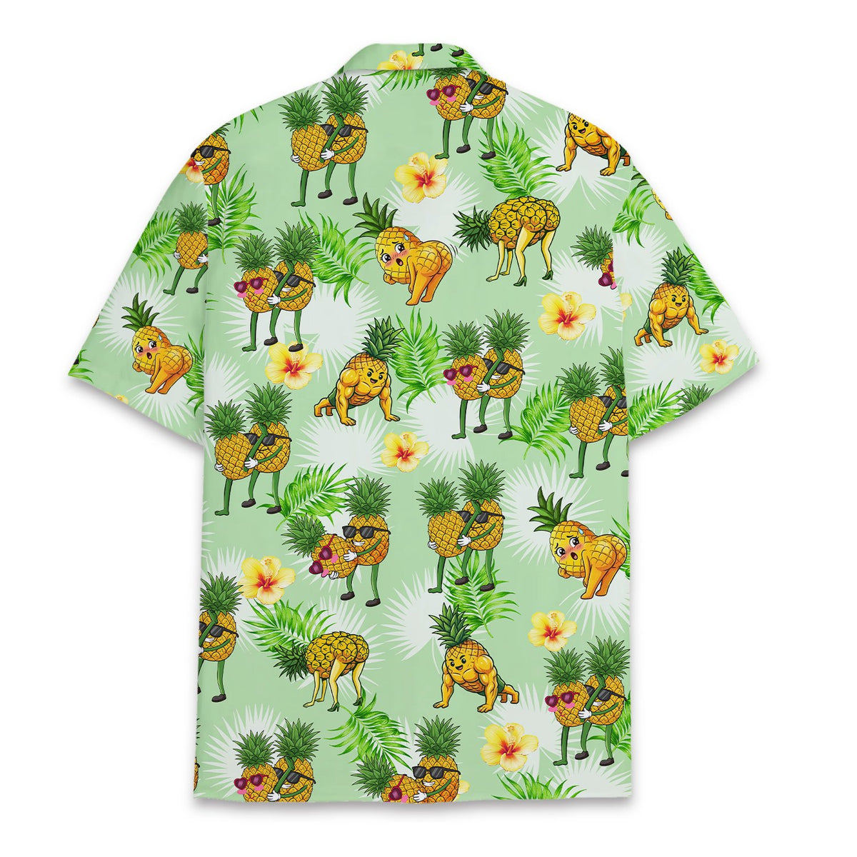 Back view of the light green tropical Hawaiian shirt with pineapple and hibiscus print
