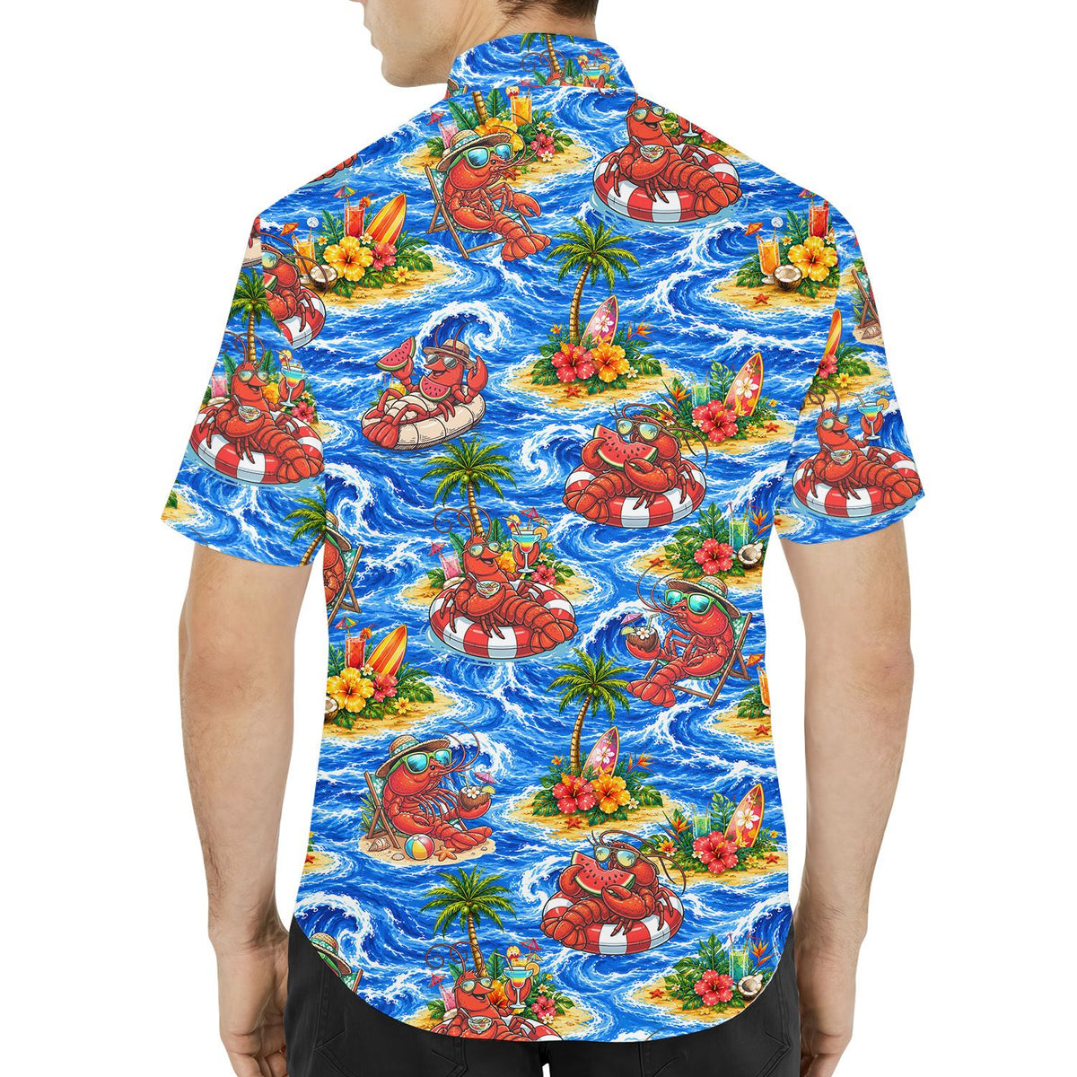 Back view of the matching family hawaiian shirt with ocean wave pattern