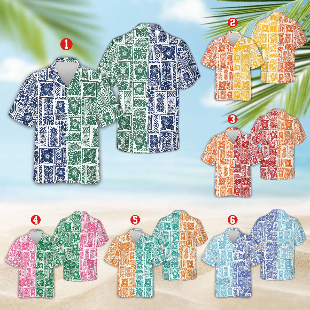 White matching family hawaiian shirt featuring a split tropical grid pattern with tiki masks and pineapples