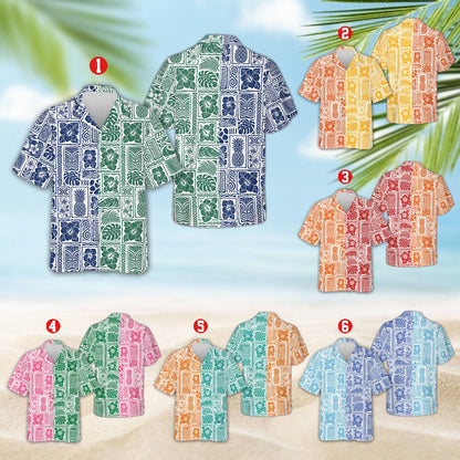 Front view of the split color block tropical hawaiian shirt showing the grid of island motifs